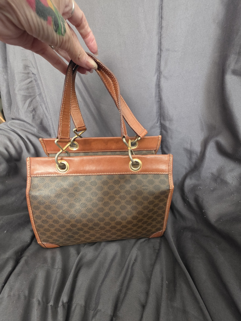 Authentic Celine Brown Monogram Shoulder Bag with Tan Leather Trim